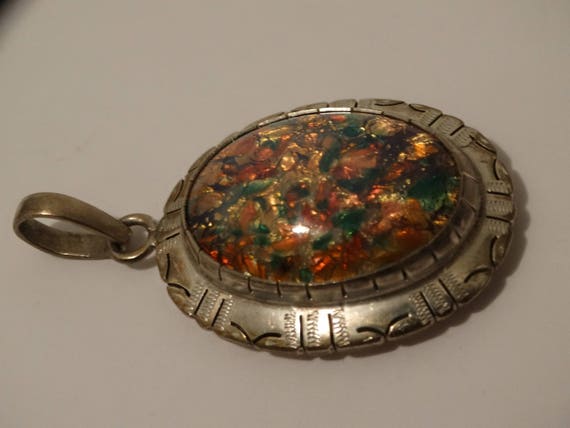 Sterling Silver Signed Faux Opal Large Pendant. - image 4