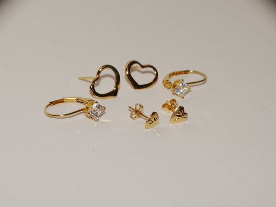 14k Yellow Gold Stamped Three Pairs Of Small Earr… - image 3