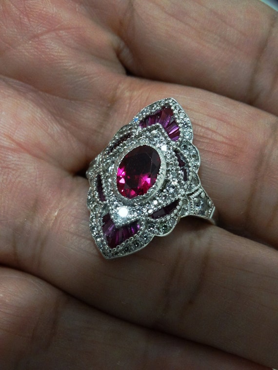 14k White Gold Ruby Baguettes and oblong Stone Ri… - image 7