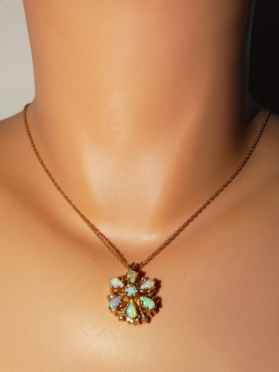 14k Yellow Gold Genuine Opal Flower Necklace.