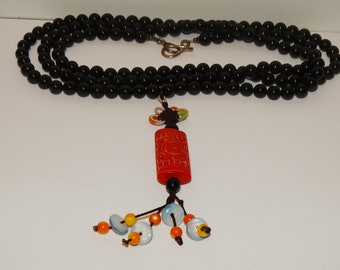 Sterling Silver Chinese Black 7mm Bead Genuine Carved Coral 48" inches Long necklace.