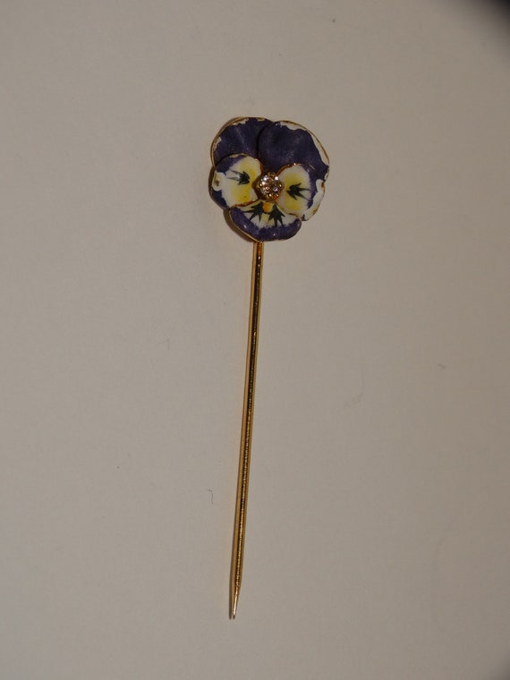 Art Nouveau 14k Genuine Diamond Enamel Pansy Stic… - image 4