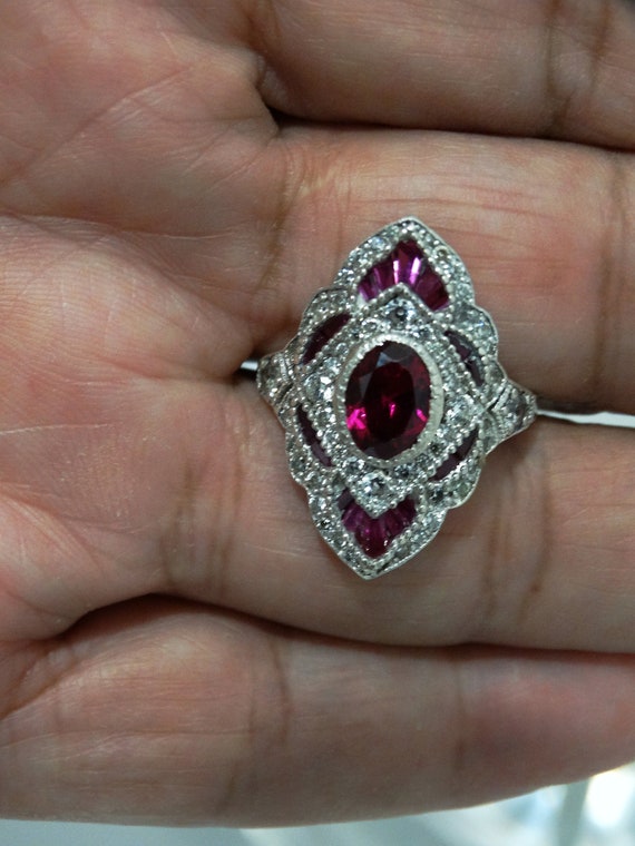 14k White Gold Ruby Baguettes and oblong Stone Ri… - image 5