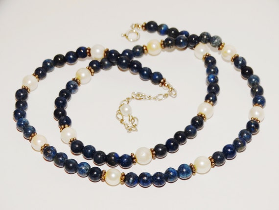 Sterling Silver Pearl & Lapis Lazuli Bead 18" Nec… - image 1
