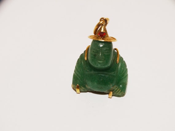 14k Gold Green Jade Buddha Pendant. - image 1