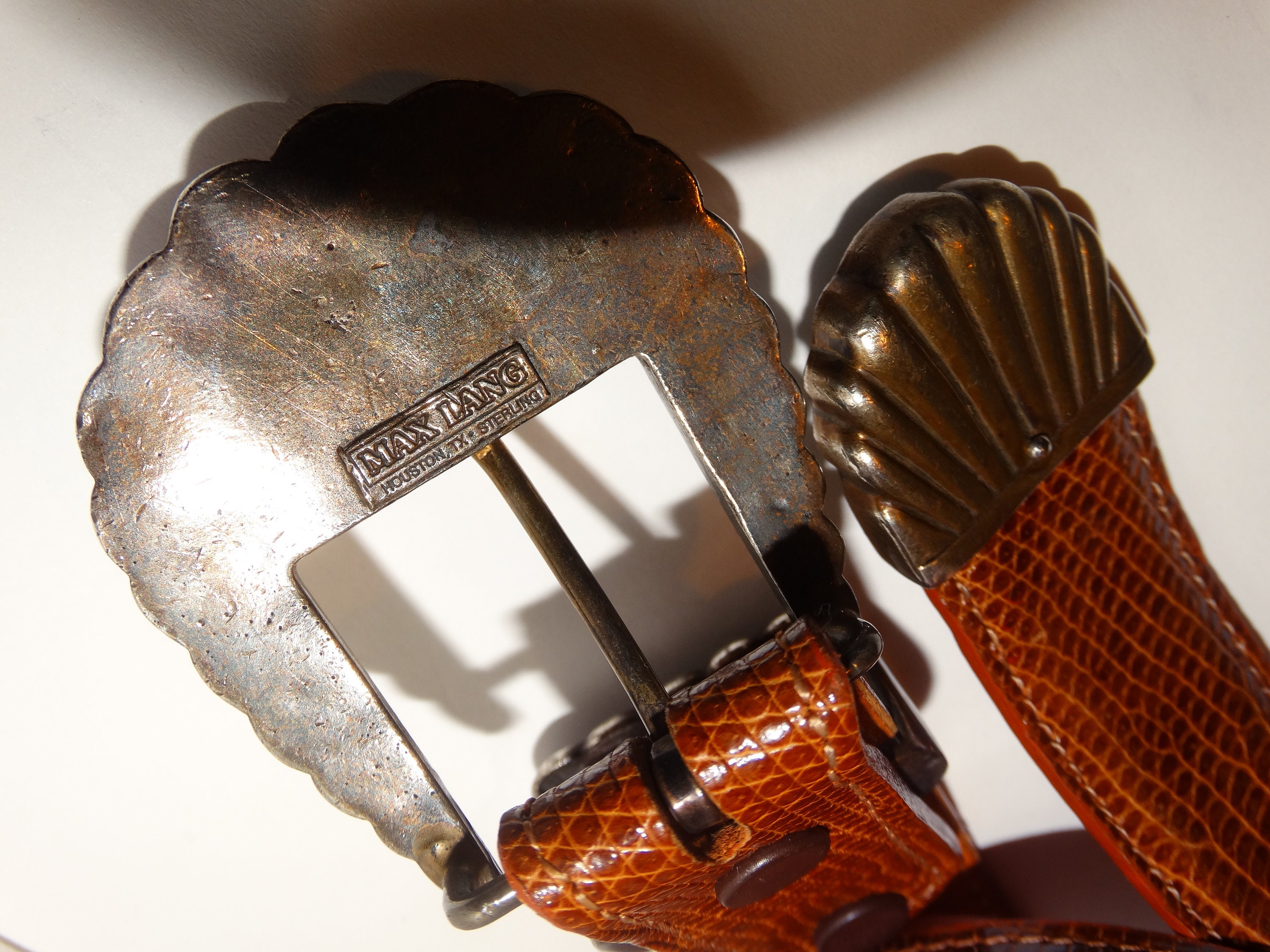 Vintage Max Lang Sterling Silver 925 Karung Snake Skin Western Mexico Tan Brown Sterling Silver Max Lang Famous Designer Peacock Design Belt  main image 2
