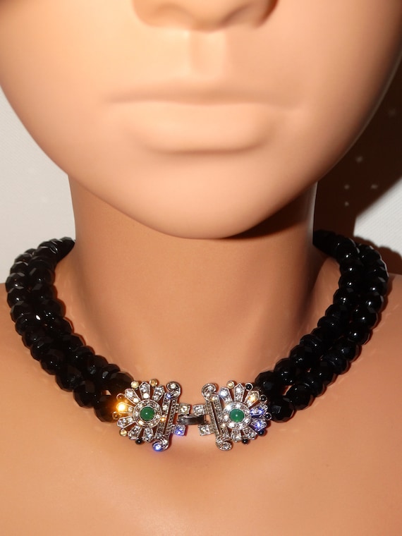 Double Strand Black Faceted Glass Bead And Rhines… - image 1