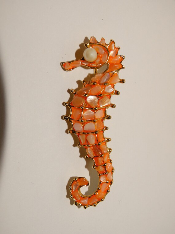 Swoboda Coral Tone And Faux Pearl Sea Horse Brooc… - image 5