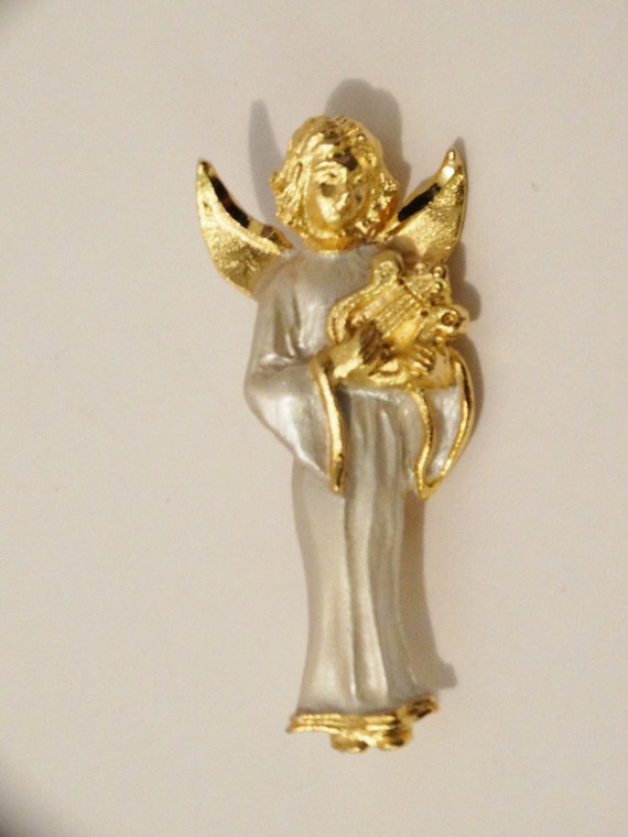 R.R. Signed Gold Tone White Robe Angel Brooch.