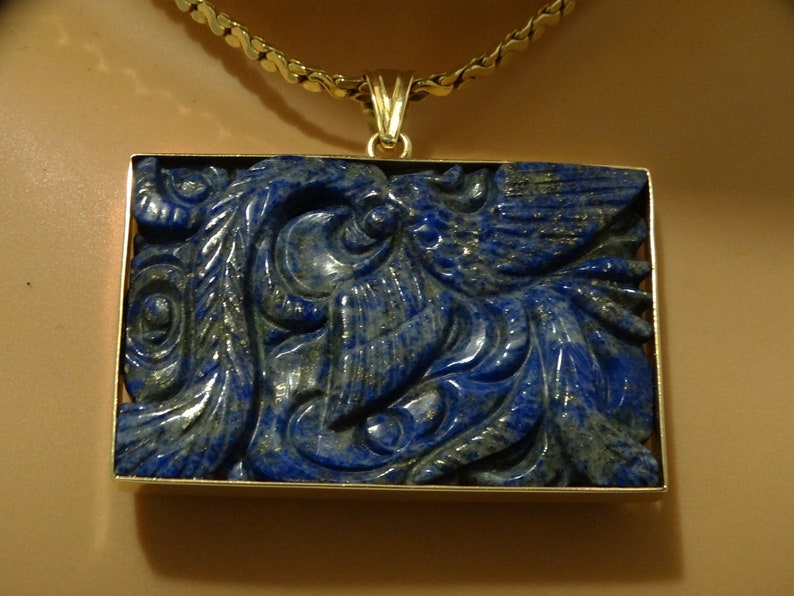 RARE 18k Yellow Gold Hand Carved Lapis Lazuli Phoenix Bird Pendant ONLY. image 1