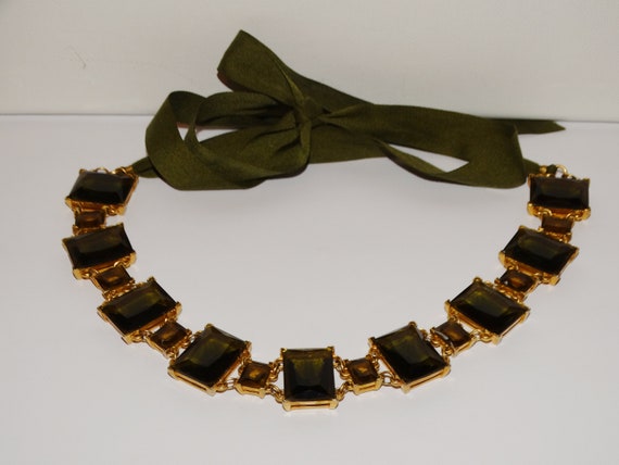 Faceted Square Olive Green Crystal/Glass Necklace… - image 1