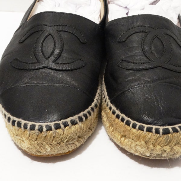 Chanel Shoes, Black Leather, Sold as is Platform Flat Shoes. Size 39.