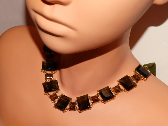 Faceted Square Olive Green Crystal/Glass Necklace… - image 3