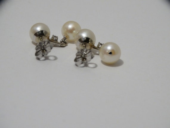14k WG Double Akoya Pearl Small Diamond Earrings - image 5