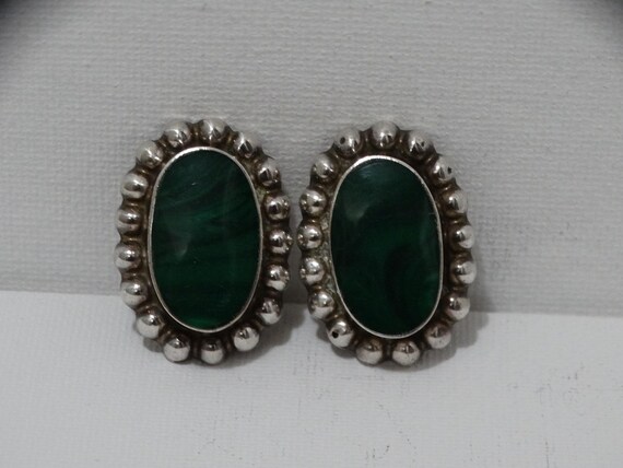 Solid Sterling Silver Green Malachite Stone Clip-… - image 3