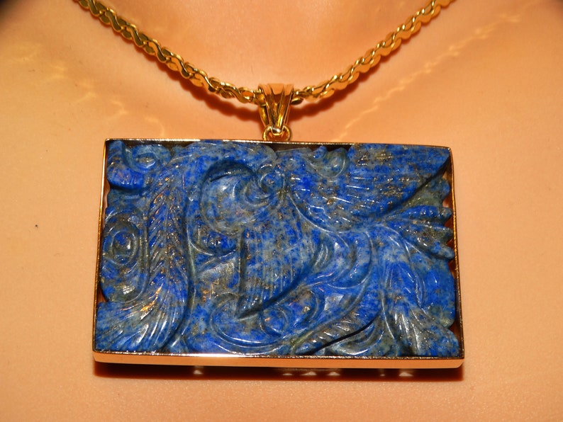 RARE 18k Yellow Gold Hand Carved Lapis Lazuli Phoenix Bird Pendant ONLY. image 2