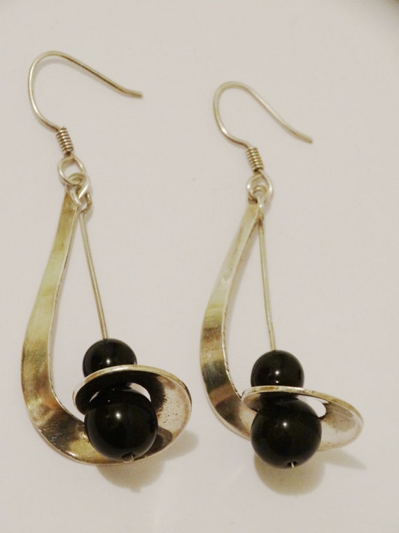 Sterling Silver Black Onyx Bead Modernist Danglin… - image 2