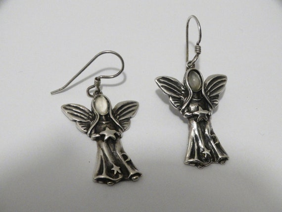 Sterling Silver Stamped Glass Face Angel Earrings. - image 7
