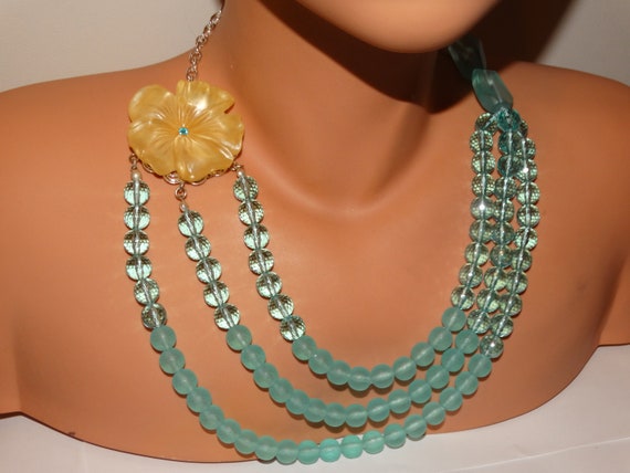 Blue Plastic/Lucite Triple Strand Beaded necklace. - image 2