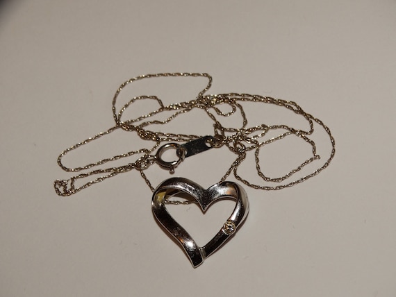 10k White Gold Chain & heart Stamped Genuine Diam… - image 2