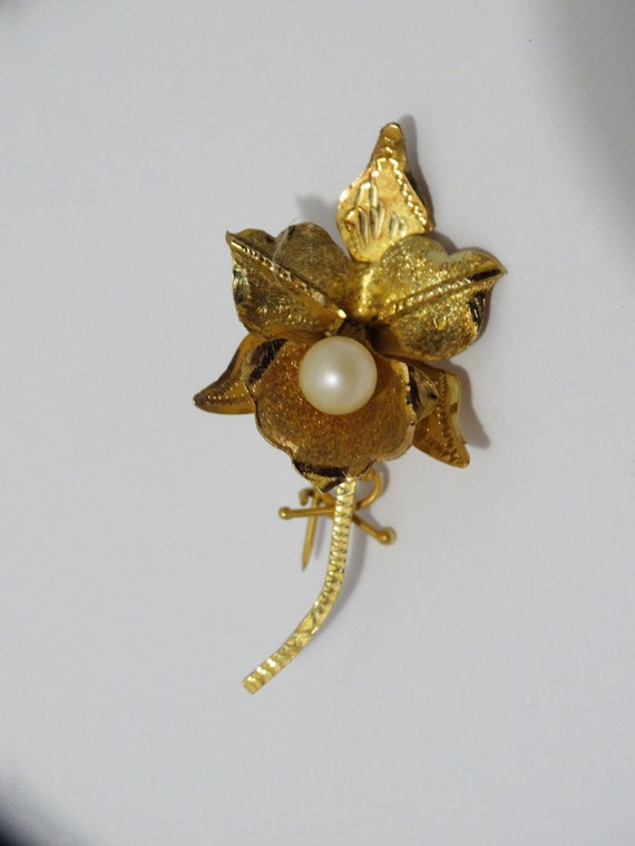 18k Gold Genuine White Pearl Brooch. - image 9