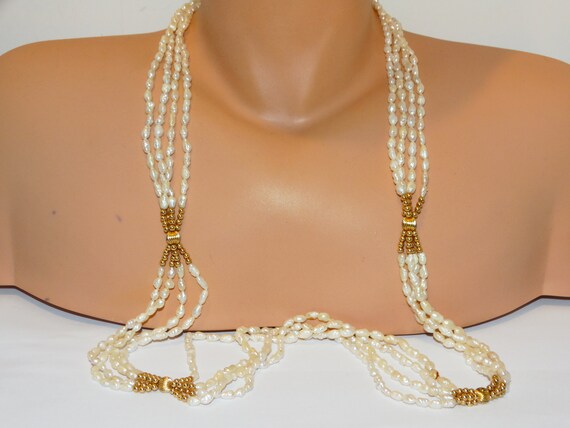 14K Gold Four Strand Seed Pearl, 35 Inches Neckla… - image 2