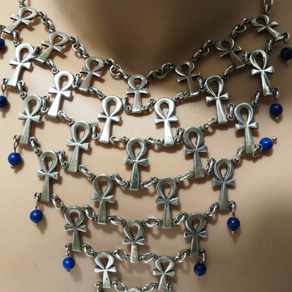 Extremely RARE Sterling Silver Egyptian Cross & Lapis Lazuli Stone Design Necklace