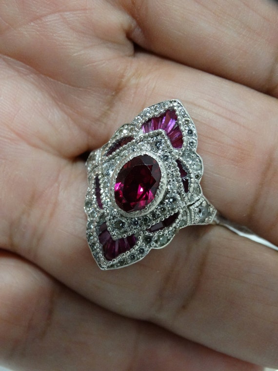 14k White Gold Ruby Baguettes and oblong Stone Ri… - image 8