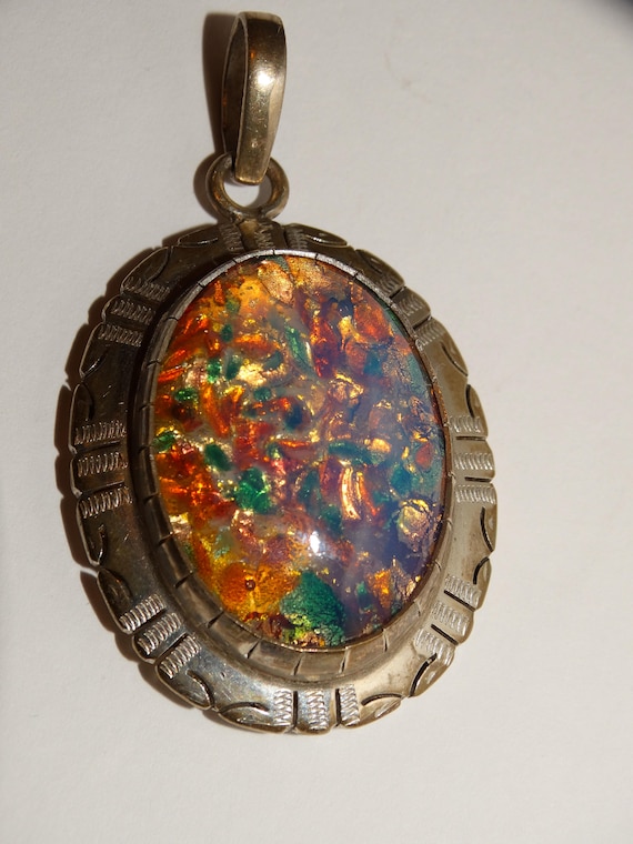 Sterling Silver Signed Faux Opal Large Pendant. - image 2