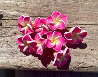 Lot of 12 Hawaiian Plumeria Flower Beads Polymer Clay Pink/Yellow Frangipani Beads DIY