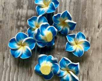 Lot of 10 Hawaiian Plumeria Flower Beads 20mm Polymer Clay Blue Frangipani Beads DIY