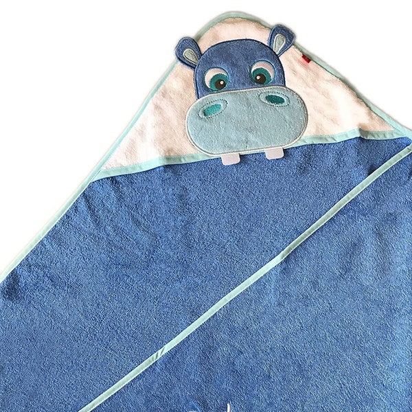 Serviette à capuche brodée avec le nom et la date de naissance / 100x100 cm / doux doux / Qualité 1A / 100% coton (bleu – Hippo)