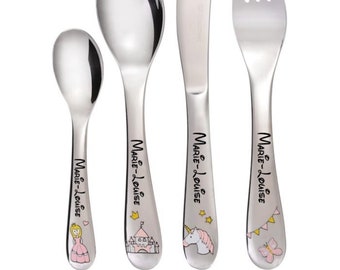 Children’s cutlery with name personalized (engraving) / With colorful motifs – selectable – princess or cars