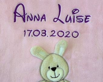 couverture pour bébé avec nom et date (de naissance) / ** Rose - LAPIN **