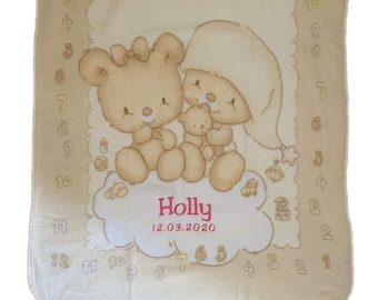 Babydecke bestickt mit Name und Datum / **Bärchenpaar-Beige**