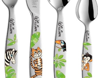 Children’s cutlery with name engraved/motif Jungle (version – color) – Brand:Zwilling / 4 pieces (all with name engraved) / stainless steel
