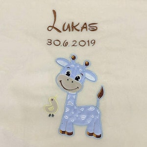 Baby blanket embroidered with name and date / ** BEIGE with GIRAFFE LIGHT BLUE**