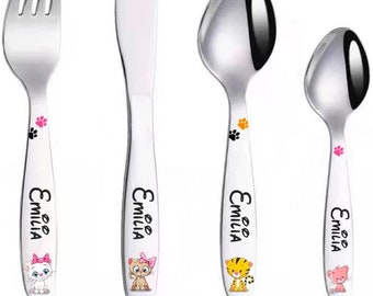 Children's cutlery with engraving / motif Cute Cats / with colored cat motifs / 4-piece set (all engraved with name)