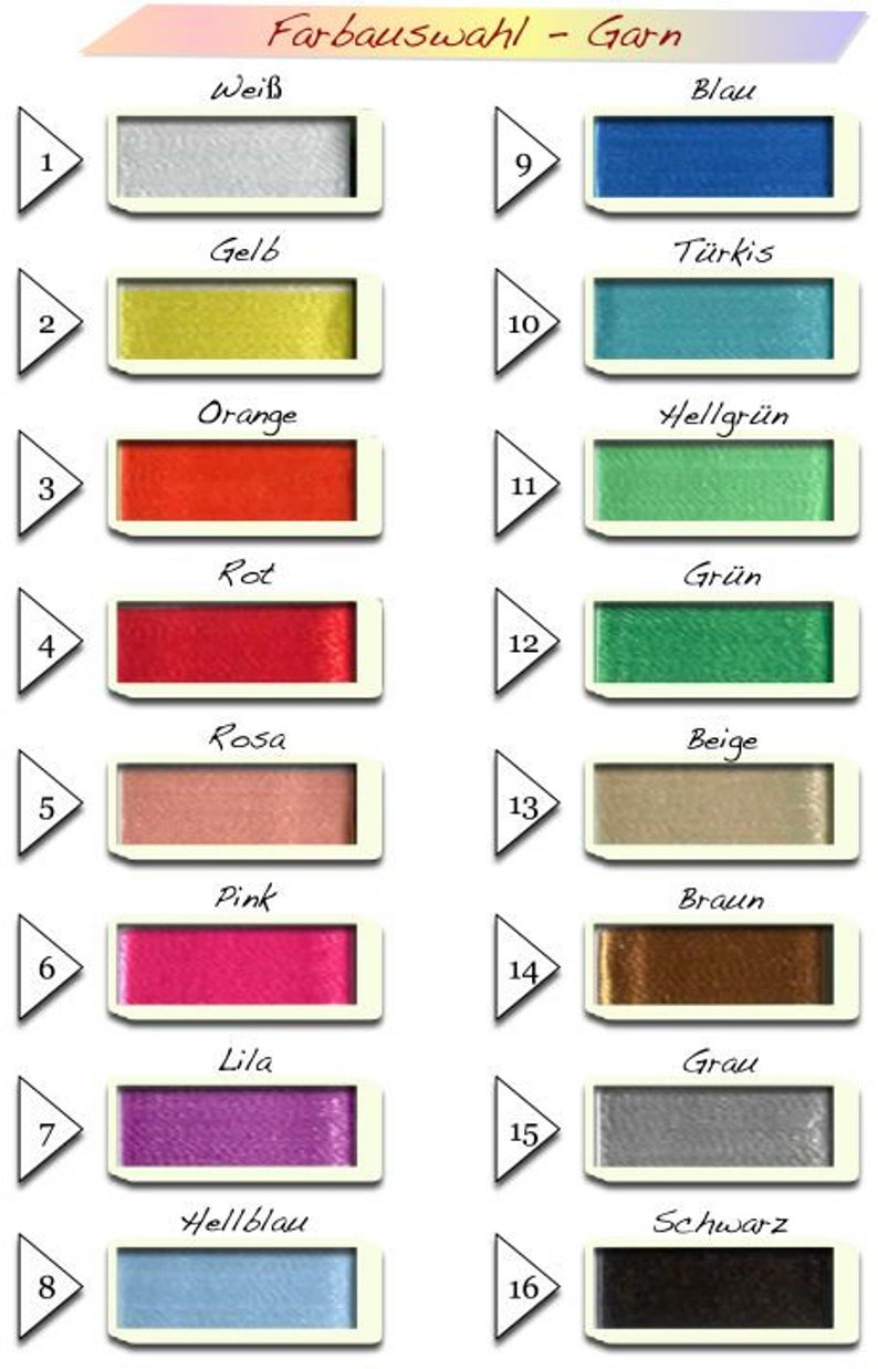 Puede incluir: Una carta de colores con 16 colores de hilo diferentes, numerados del 1 al 16. Los colores son blanco, amarillo, naranja, rojo, rosa, fucsia, morado, azul claro, azul, turquesa, verde claro, verde, beige, marr&oacute;n, gris y negro.