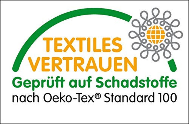 Puede incluir: Logotipo verde y amarillo con el texto "TEXTILES VERTRAUEN" y las palabras "Gepr&uuml;ft auf Schadstoffe nach Oeko-Tex&reg; Standard 100".