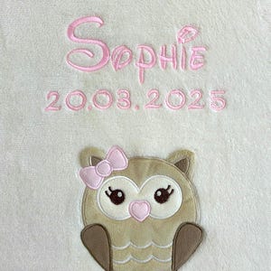 Baby blanket embroidered with name and date / ** Ecru Owl **