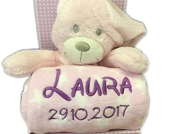 Kinder Baby Set mit Name & Geburtsdatum bestickt (auf der Decke) inkl. Plüsch Stofftier ** Rosa - Teddy mit SCHLAFMÜTZE**