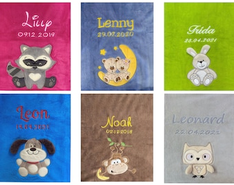 Babydecke mit Name und Datum bestickt / verschiedene Farben und niedlichen Tierapplikationen