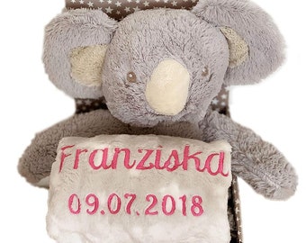 Kinder Baby Set mit Name & Geburtsdatum bestickt (auf der Decke) inkl. Plüsch Stofftier ** Koala/Grau-Beige**