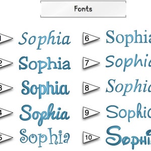 Puede incluir: Diez estilos de fuente diferentes para el nombre Sophia, numerados del 1 al 10. Las fuentes son azules y se muestran sobre un fondo blanco.