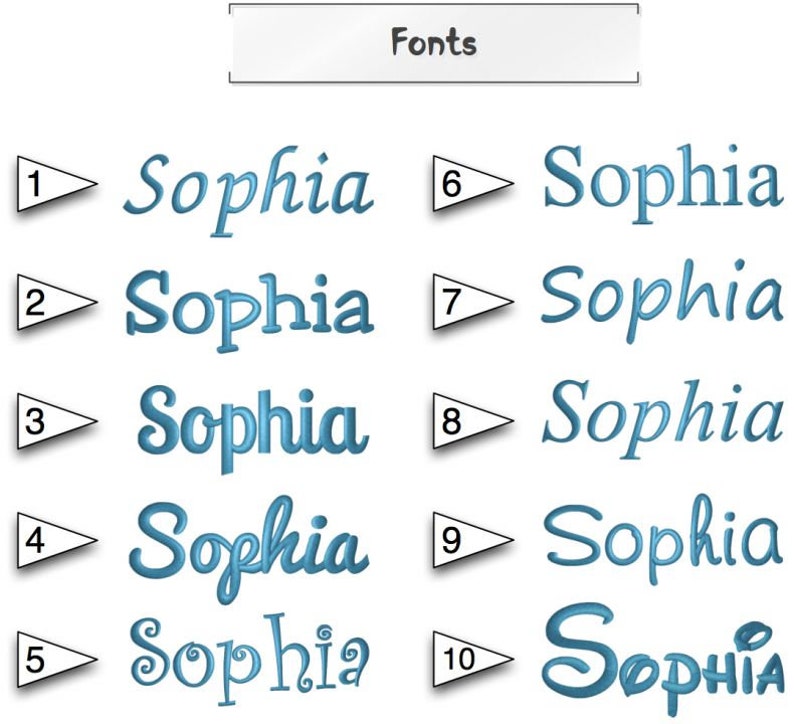 Puede incluir: Diez estilos de fuente diferentes para el nombre Sophia, numerados del 1 al 10. Las fuentes son azules y se muestran sobre un fondo blanco.