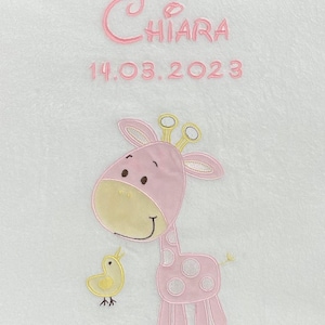 Baby blanket embroidered with name and date / ** White with PINK GIRAFFE **