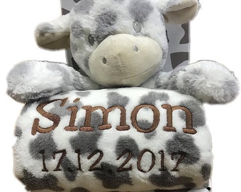 Kinder babyset met geborduurde naam & geboortedatum (op de deken) inclusief pluchen knuffel ** grijs/wit - giraf**