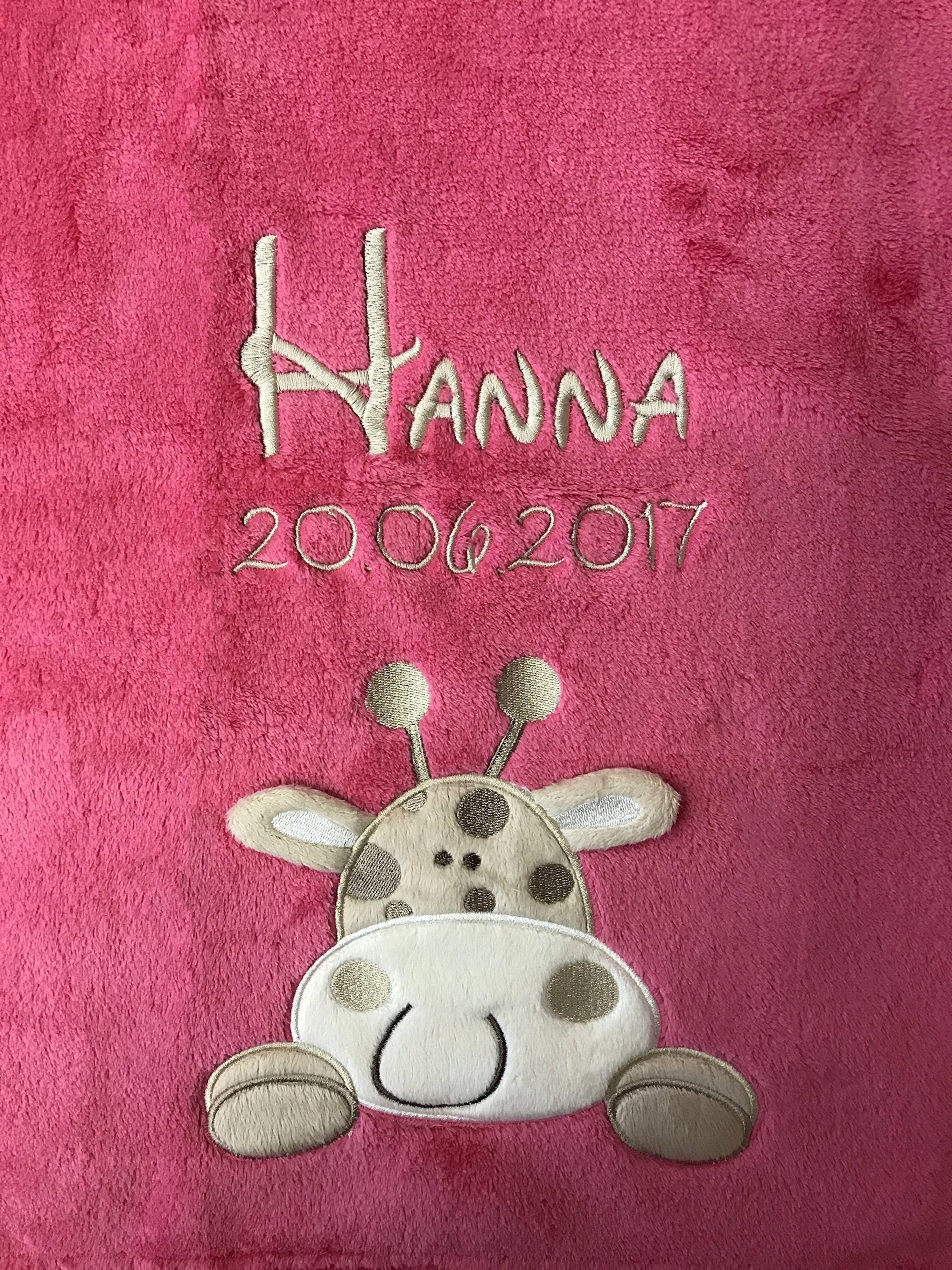 Baby blanket embroidered with name and date / ** PINK with GIRAFFE**