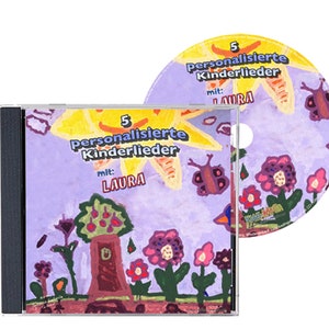 May include: A CD case featuring a colourful illustration of a sun, flowers, a butterfly, and a tree with a door. The text on the case reads "5 Personalisierte Kinderlieder mit: LAURA".